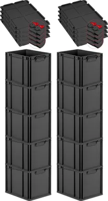 Produktbild von SuperSparSet 10x Eurobox NextGen Grip mit Scharnierdeckel und roten Schiebeschnappverschlüssen | HxBxT 32x30x40cm | 30 Liter | Schwarz | Griffe geschlossen | Eurobehälter, Transportbox, Transportbehälter, Stapelbehälter