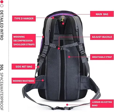 50L leichte wasserdichte Wanderrucksack, Outdoor-Tagesrucksack, Reisetasche für Klettern, Camping und Touren
