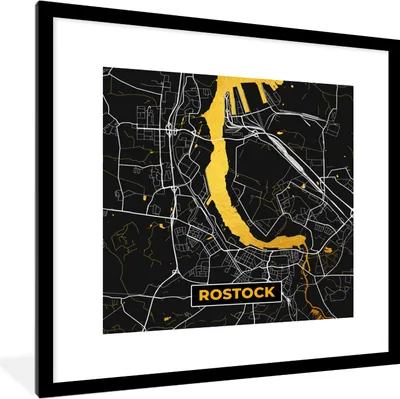 Produktbild von MuchoWow® Gerahmtes Poster Rostock - Stadtplan - Gold - Karte - Deutschland 40x40 cm - Poster mit Schwarzem Bilderrahmen Wandposter Rahmen Foto Bilder - Poster - Plakat im Rahmen