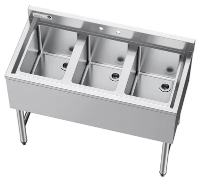Zdjęcie produktu dla Zlewozmywak trzykomorowy, stal nierdzewna 304 o grubości 18 gauge, wymiary komory: 254 x 356 x 254 mm, trzykomorowy zlewozmywak barowy do zastosowań komercyjnych z panelem tylnym i wydajnym odpływem, przeznaczony do kuchni, restauracji, food trucków i użytku domowego