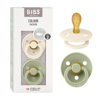 Produktbild von BIBS Colour Symmetrical Schnuller 2er Pack, BPA-frei Dummy-Schnuller, Symmetrischer Nippel. Naturkautschuk / Latex, Hergestellt in Dänemark. Größe 2 (6-18 Monate), Ivory / Sage