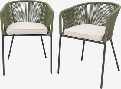 Two green outdoor chairs with beige cushions on a white background.