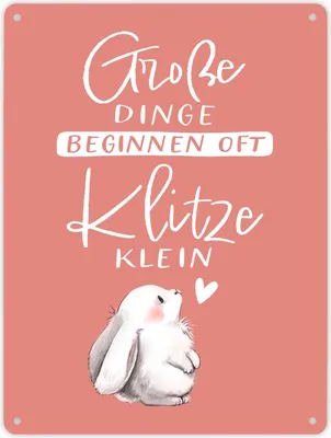 Produktbild von Baby Hase Metallschild XL in 21x28 cm mit Spruch Große Dinge beginnen oft