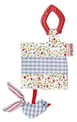 Obrázok produktu pre hryzací krúžok s látkou a vtáčikom 28 cm červený/modrý