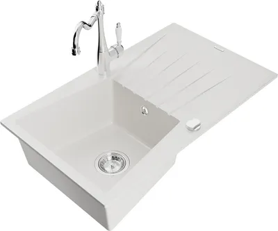 Produktbild von Mexen Cesar 1 Becken-Granitspüle mit Abtropffläche und Mischbatterie Carla, Weiß - 6514-20-670700-00