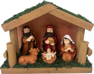 Obrázok produktu pre Vianočná postieľka 15x6,5x11 cm - Klasická postieľka s figúrkami - Drevená a plastová dekorácia - Tradičná vianočná dekorácia na stôl, parapet a do obývačky - Saska Garden