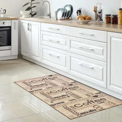Produktbild von Küchenläufer I beige I schwarz braunem Schriftzug Coffee Cappuccino Espresso Macchiato Größe - 80 x 150 cm