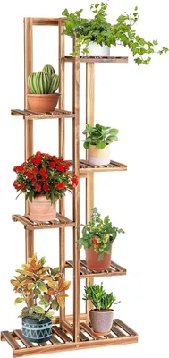 Image de Support pour plantes - Étagère à fleurs à plusieurs niveaux - Autoportante - En forme d'escalier - Bois - À monter soi-même - Kaki