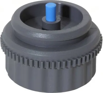 A close-up studio shot of a gray plastic vent fitting with a blue pin on a white background.