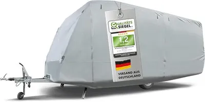 Produktbild von Premium Wohnwagen Abdeckplane, 100% wetterfeste Wohnwagenabdeckung, wasserdichte Wohnwagenplane mit UV-Schutz, Wohnwagen Schutzhülle, Wohnwagen Abdeckung inkl. Aufbewahrungstasche 550x250x220cm
