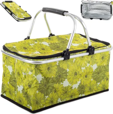 A floral patterned picnic basket is shown from a slightly elevated front angle against a white background. Two smaller inset images show the basket folded and its interior.