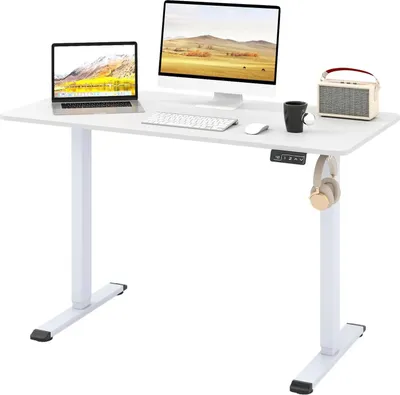 Image de Bureau informatique - Bureau 120 x 60 cm - Crochets pour casque - Gestion des câbles - Rectangulaire - Structure en bois - Ergonomique - Blanc