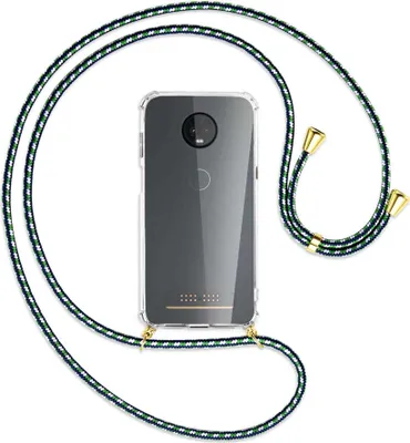 Produktbild von Handykette Backcover-Schutzhülle mit Band (Metall goldfarben) für Motorola Moto Z3 Play - grün/blau/weiß