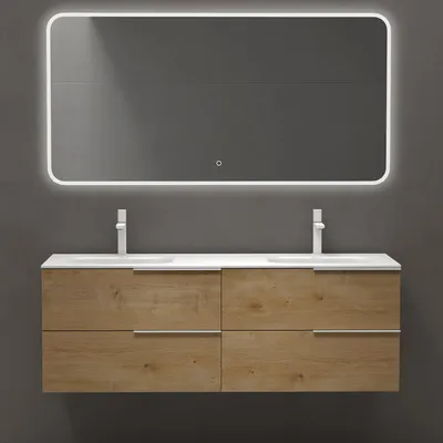 Image de doporro Meuble de Salle de Bains 144 cm avec Double Lavabo Ensemble de 2 Pièces Vasque et Meuble sous Vasque Aspect de Chêne Design Vanessa