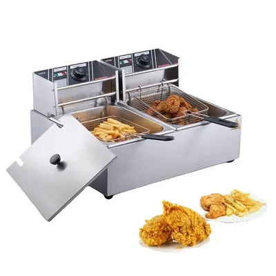 Image de Friteuse électrique commerciale, double cuve, plan de travail en inox, pas de minuterie, pas de filtre, double cuve, EU