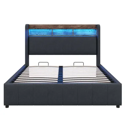 Produktbild von Flieks Polsterbett 140x200cm mit USB &Type-C, Boxspringbett Stauraumbett mit LED & Stauraumkopfteil, Doppelbett Jugendbett, Leinen, Grau