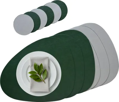 Produktbild von Platzset 12er Set abwaschbar, 2in1 Wende-Tischunterlage Kunstleder oval, Platzdeckchen 40x31cm Nierenform inklusive Untersetzer Glas (grün/grau)