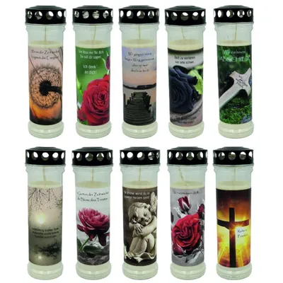 Produktbild von 10er Set Premium - Grabkerzen – 6 Tage Brenndauer, mit 10 verschiedenen Motiven im praktischen MIX