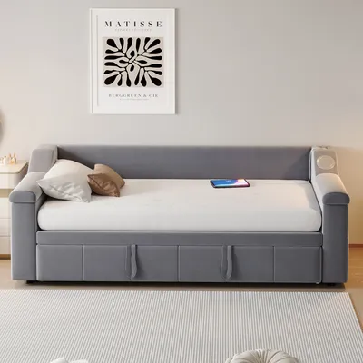 Immagine prodotto di okwish Letto pieghevole 90/180x190 cm, letto imbottito con vani portaoggetti e griglia a doghe, letto junior con porta di ricarica USB, senza materasso, grigio