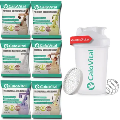 Produktbild von CaloVital Hochkalorische Trinknahrung für gezielte Gewichtszunahme [PROBIERPAKET INKL. GRATIS SHAKER] 6er Pack Café & Nuss je 50 g Pulver