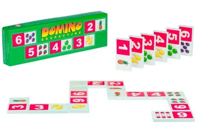 A domino game box and several domino tiles are displayed on a white background.