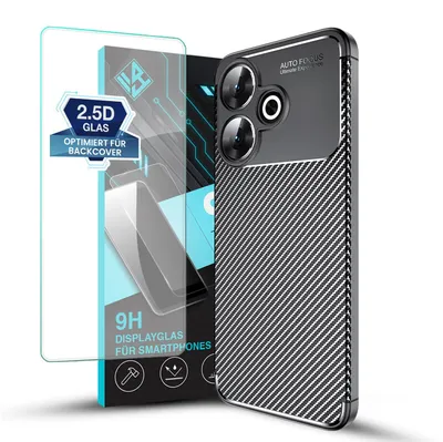 Produktbild von Handy Hülle für Xiaomi Redmi 13 mit 9H Displayglas Displayschutz Carbon Look Cover Case Schutzhülle Farbe: Schwarz