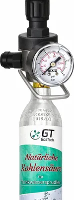 A close-up studio shot of a CO2 regulator attached to a gas cylinder.