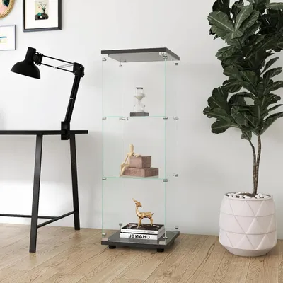 Image de Vitrine d'exposition avec serrure, 1 porte, 3 étagères, noire, en verre, idéale pour les collections
