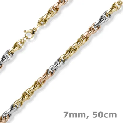Produktbild von 7mm Kordel-Kette Collier aus 585 Gold gelb/weiß/rot tricolor 50cm Halsschmuck