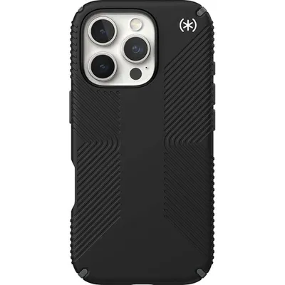 A black Speck Presidio2 Grip phone case for an iPhone 16 Pro is shown from the back against a white background. The case has a textured grip pattern and a cutout for the camera module. The Speck logo is visible in the top right corner.