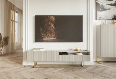 Produktbild von Selsey VELDIO - TV-Schrank mit offenem Fach, Graubeige Taupe mit goldenem Metallgestell, 175 cm