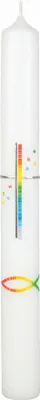 Produktbild von Taufkerze Regenbogen und Fisch mit Regenbogen/Gold-Wachsauflage in Weiß 400 x Ø 35 mm mit Namensverzierung