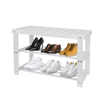 Produktbild von Schuhregal,Schuhschrank mit Sitzbank, Bambus Schuhbank mit 2 Ablagen,für Flur, Bad, Wohnzimmer, Diele 70x27x42cm Weiß