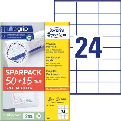 Produktbild von Avery Zweckform 6602 Universal-Etiketten, A4 mit ultragrip, Adressaufkleber, 70 x 36 mm, 65 Bogen/1.560 Etiketten, weiß