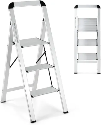 Produktbild von GOPLUS Klapptritt mit 3 Stufen bis 150kg belastbar, Trittleiter aus Aluminium mit rutschfesten Stufen & Fußpolster, Stehleiter mit Sicherheitsschnalle für Küche, Büro & Garage, Silber