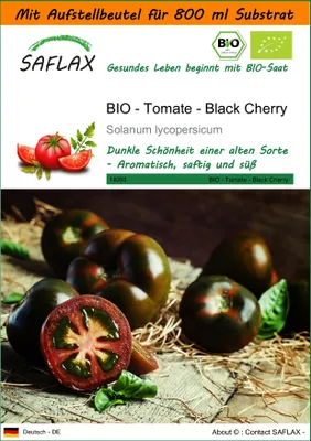 Produktbild von SAFLAX - Garden in the Bag - BIO - Tomate - Black Cherry - 10 Samen - Mit Anzuchtsubstrat im praktischen, selbst aufstellenden Beutel - Solanum lycopersicum