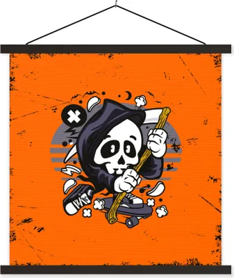 Produktbild von MuchoWow® Textilposter Jahrgang - Skelett - Skateboard 90x90 cm mit schwarzem Rahmen - Magnetisches