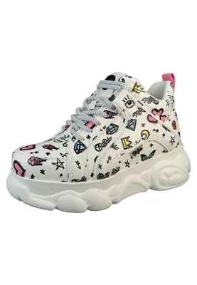 A single white Buffalo sneaker with colorful cartoon-like graphics printed all over it, set against a white background.
