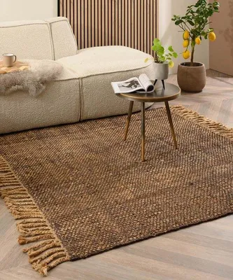 Imagen del producto de Alfombra de yute Unyqoos® cuadrada, 250x250 cm – tejido a mano, color marrón/natural, 8 mm de grosor, 2 kg/m², con flecos, resistente, ideal para estilos boho, rústico o escandinavo