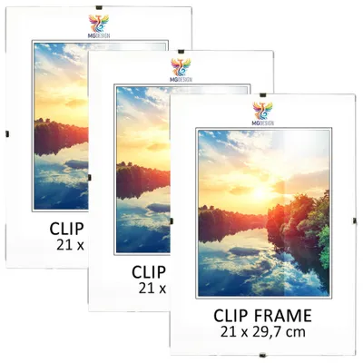 Produktbild von MG Design Cliprahmen Set 3 Stück A4 21x29,7 cm - rahmenlos mit Acrylglas & HDF-Rückwand, für Fotos/Poster/Puzzle, hoch/quer