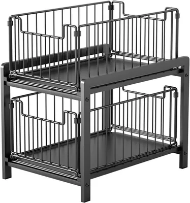 Produktbild von Ausziehbarer Schrankorganizer - 2-stufiges Regal - 2 Schiebekörbe - Stapelbar - Stahl - Für Küche und Bad - Schwarz