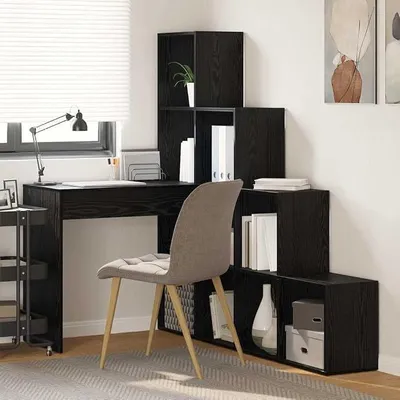 Zdjęcie produktu dla Biurko narożne z półką, dąb czarny, 101,5 x 149,5 x 149,5 cm, biurko komputerowe do sypialni, salonu, biura, gabinetu, biurka komputerowe