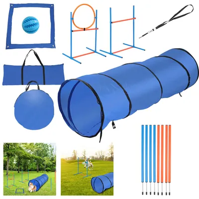 Productafbeelding van Eikuavons Honden Agility Set met tunnel (170x55 cm), 8 slalomstokken, een hindernis, een sprongring, een rustgebied en 2 draagtassen