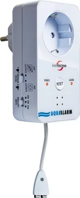 A white electrical device with a plug and socket, designed to detect water.