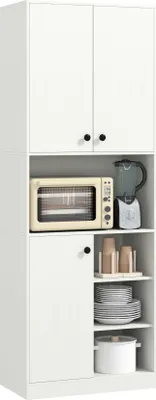 A white kitchen cabinet with appliances and dishes.