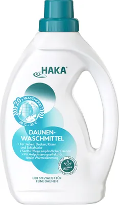 A bottle of HAKA Daunenbalsam laundry detergent.