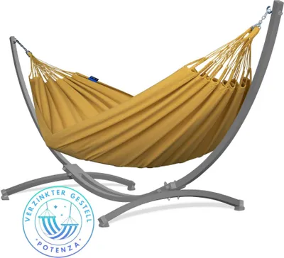 Produktbild von Potenza Outdoor Hängematte mit Verzinkter Gestell für 2 Personen I 100% Baumwolle Merida Doppelhängematte XXL 220x160, 220kg I Hängemattengestell 220kg, wetterfest