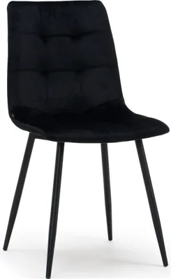 A black upholstered dining chair with tufted backrest and black metal legs, shown against a white background.
