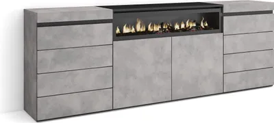 A modern sideboard with drawers and an electric fireplace.