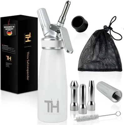 Produktbild von Thiru Sahnespender 500ml inkl. 3 Edelstahl Tüllen - Sahnesyphon mit E-Book – Schneeweiß / 48 Kapseln - Beliebt